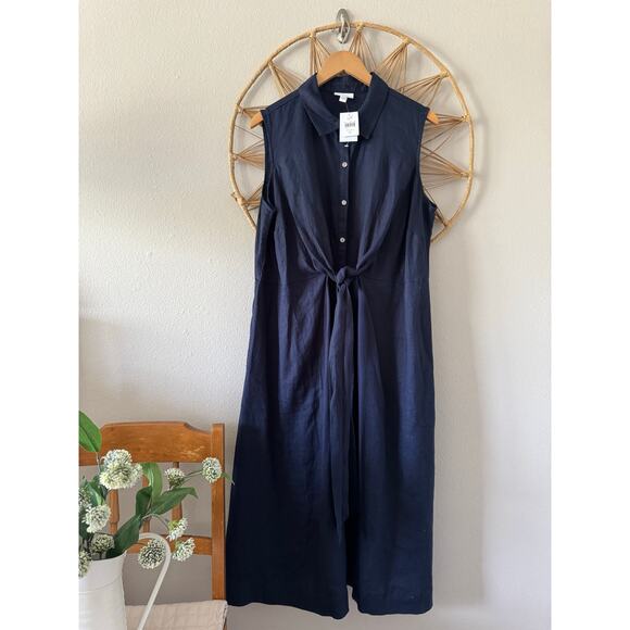 NWT J Jill Love Linen Navy Blue Shirt Dress Button Front Tie Pockets Midi XL - Picture 3 of 13